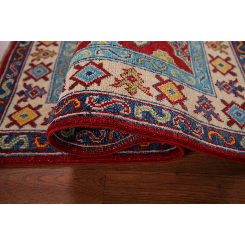 Kazak Accent Rug Hand-Knotted Geometric Red Wool Carpet - 2'8" x 4'1"