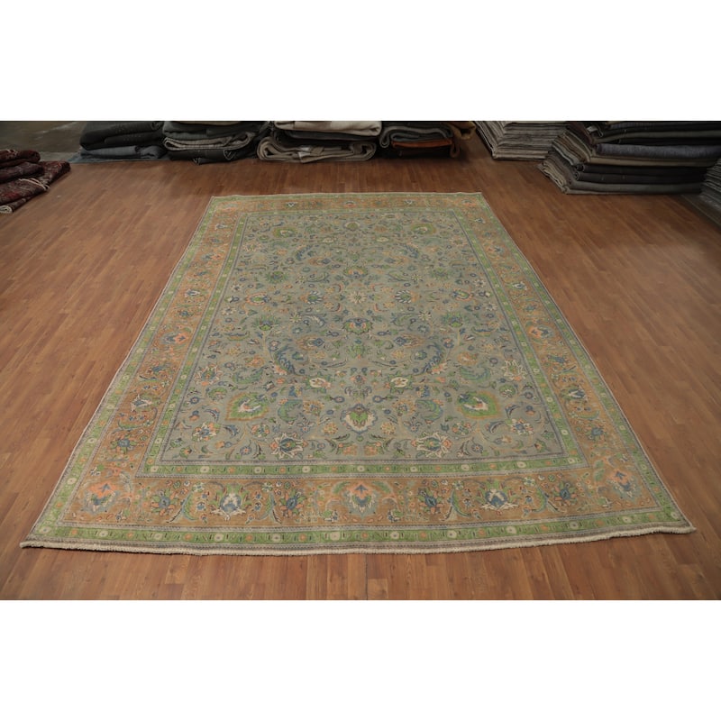 Hand Knotted Oriental 100% Wool Carpet Traditional All-Over Greys & Charcoal Tabriz Area Rug - 13' 3'' X 9' 8''