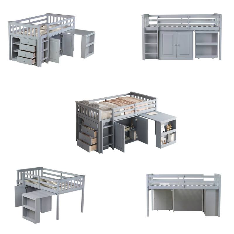 Twin Rubber Wood Loft Bed with Shelf Storage Cabinet and Pulling-Out Desk