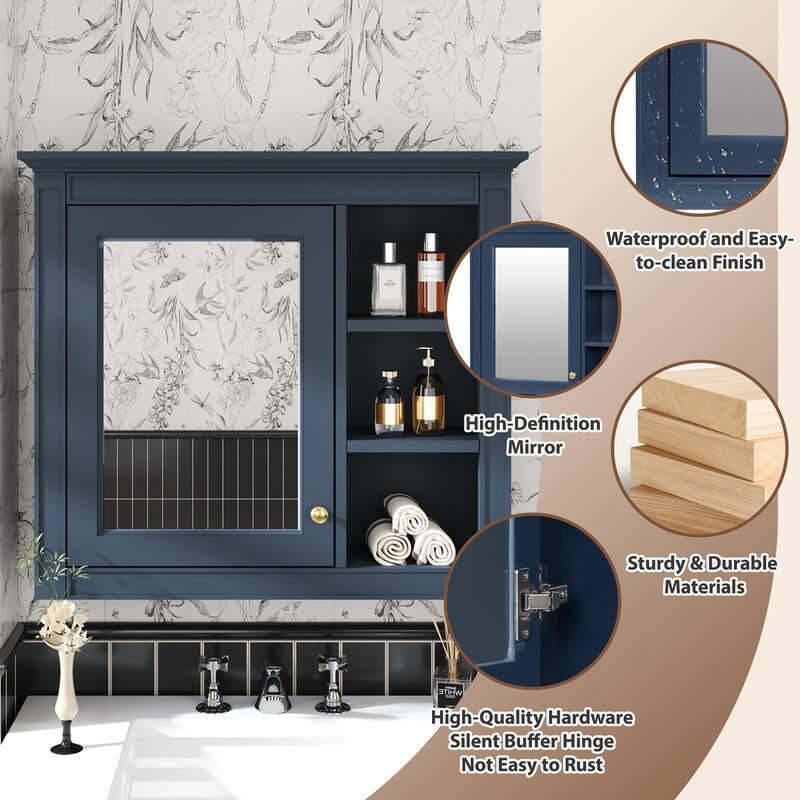 GDFStudio - Trellen Modern Wall-Mounted Bathroom Storage Cabinet with Mirror and 3 Open Shelves (No Bathroom Vanity) - 29.92"W