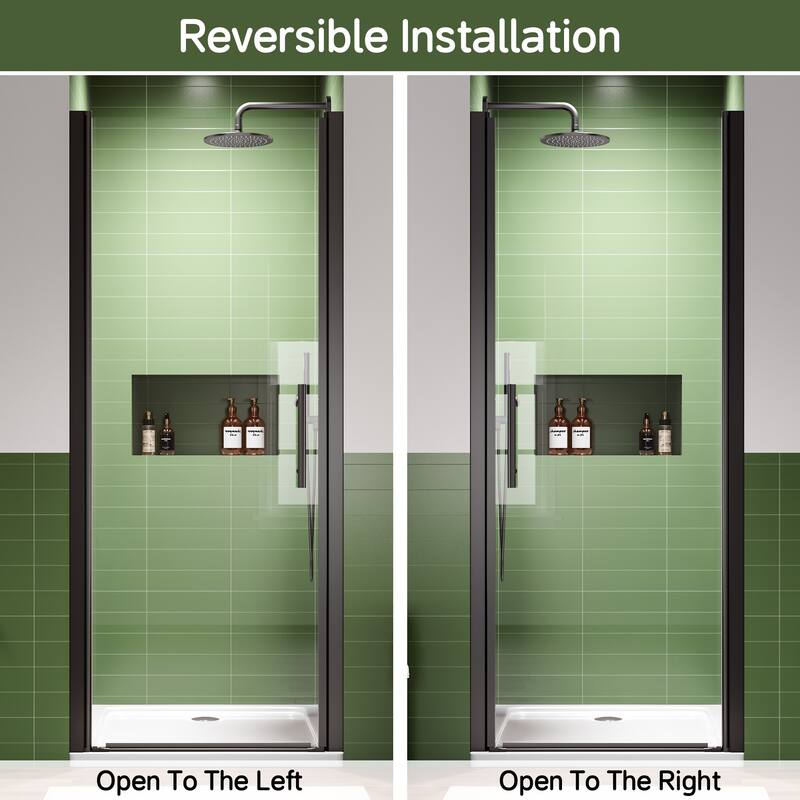 Matte Black Hinged Shower Door 32x75, 6mm Tempered Glass, Headerless, 1.5 in Adjustable, Left/Right In/Out