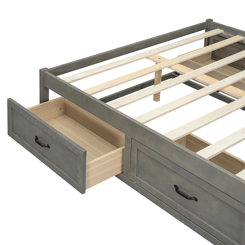 Full/Queen Size Platform Bed without Headboard, Wooden Storage Platform Bed Frame with 6 Drawers, Wood Slats Support