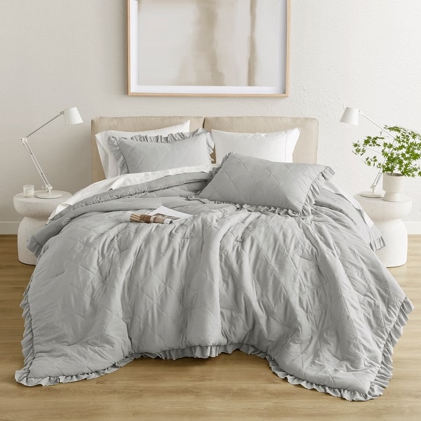 Chelsea Square Phoebe Diamond Quilted Ruffle Edge Comforter Set - Grey - King