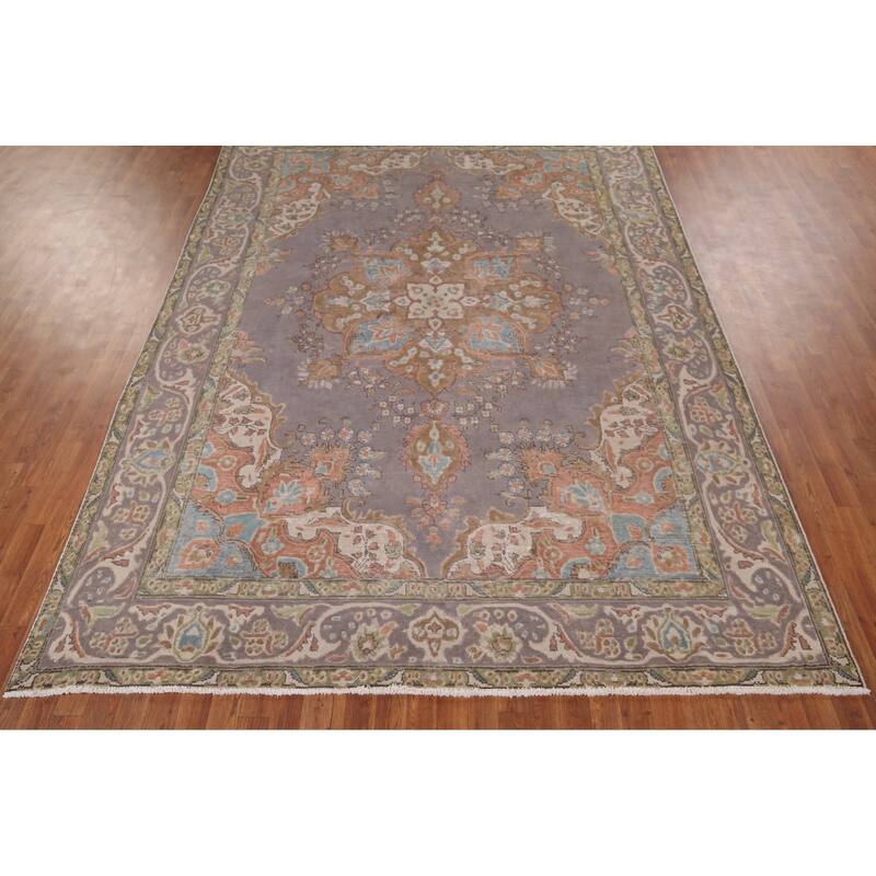Purple Tabriz Vintage Persian Area Rug Handmade Wool Carpet - 7'11" x 11'1"