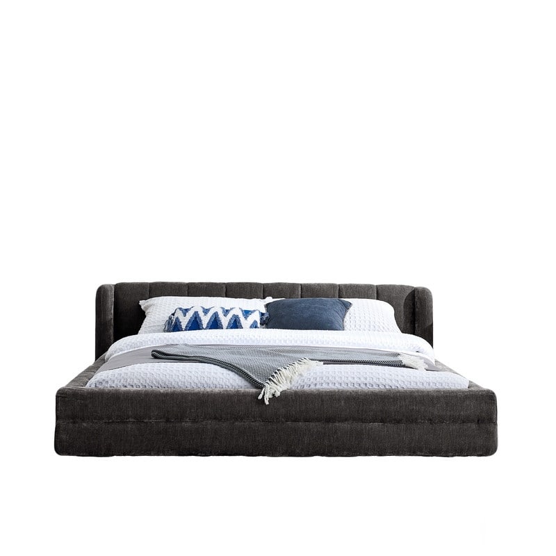 Queen-Sized Chenille Upholstered Bed with Headboard and Solid Frame. - DARK GREY