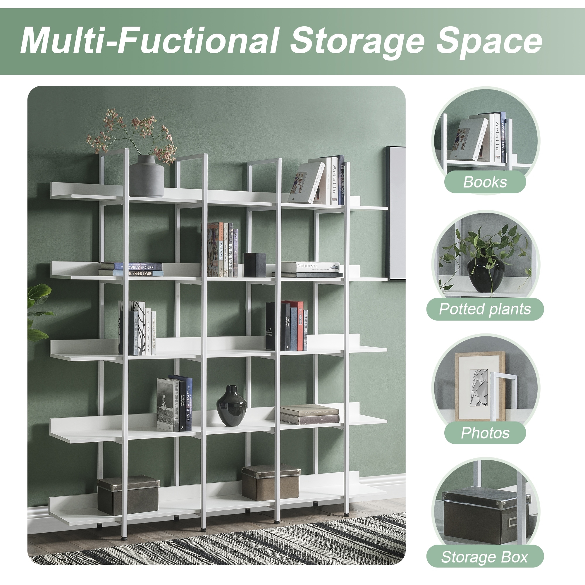 Brown Vintage Industrial Style 5 Tier Bookshelf Open Bookcase Room