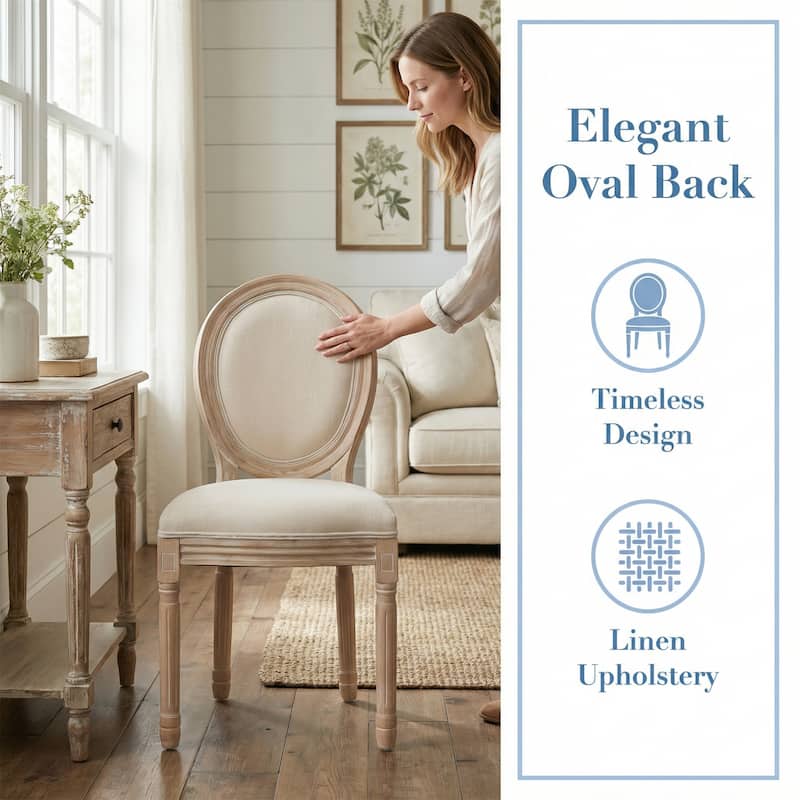 Set of 2 French Style Solid Wood Frame Linen Fabric Oval Back Dining Chairs