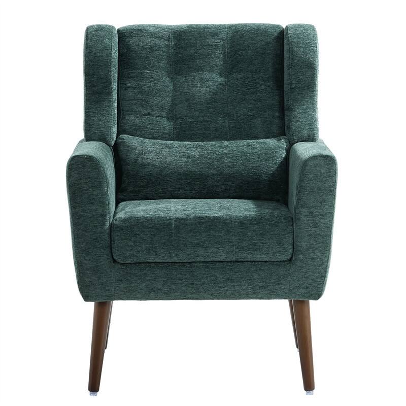 Modern Chenille Upholstered Armchair with Pillow and Solid Wood Leg - Blackish Green