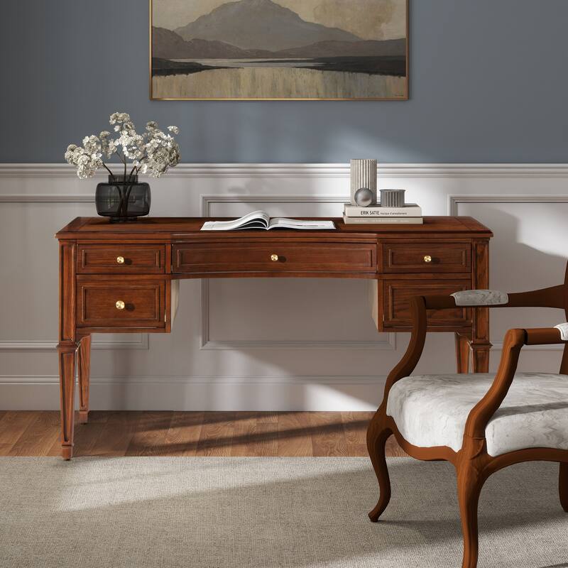 Dauphin 55" Solid Wood 5-Drawer Gold Accent Executive Desk
