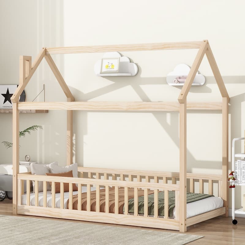 GDFStudio - Harrison American-Style Pine Twin Bed with House Design and Guardrails