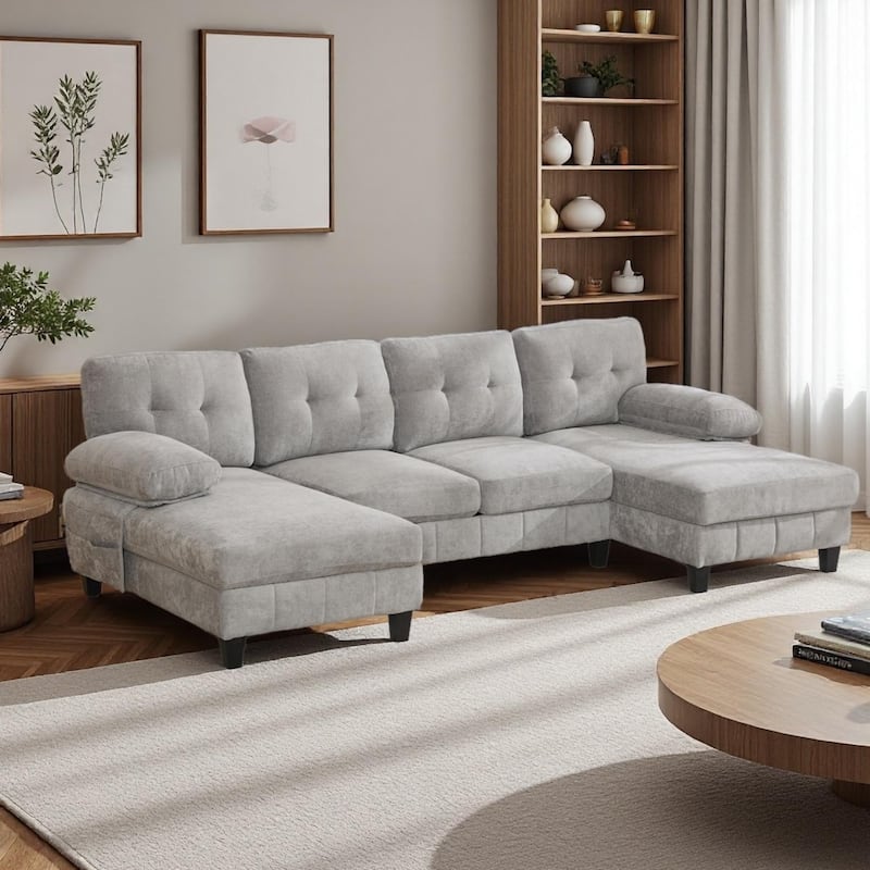 U-Shaped Chenille Sectional Sofa with Dual Chaises, Storage Pockets & Tufted Back by Harper&Bright Designs - Grey