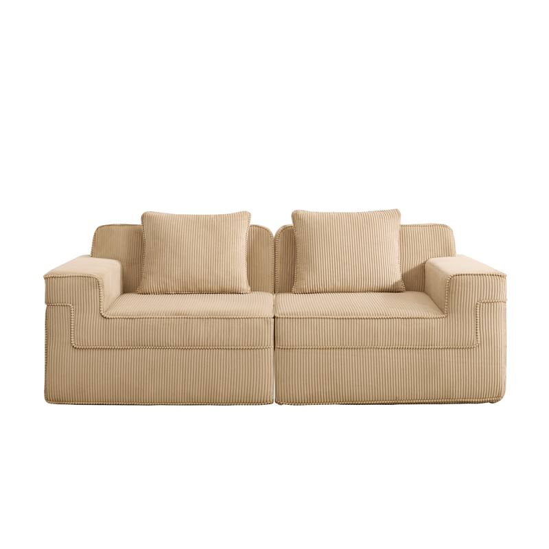 Modular 2-Seat Boneless Sofa, Modern Sectional Couch with Deep Seats, Wide Armrests, Corduroy Loveseat with Throw Pillows