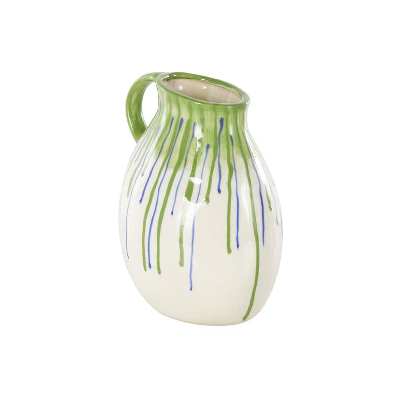 White Ceramic Abstract Decorative Vase with Green and Blue Drip Design and Handle