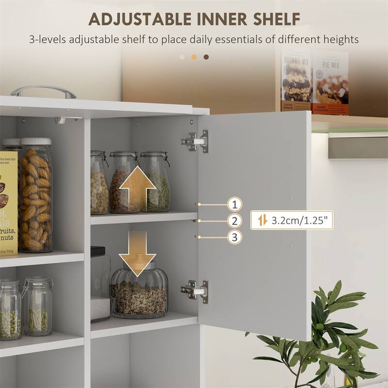 White Kitchen Cabinet Storage with Drawers and Adjustable Shelves Microwave Countertop Space - 35" W x 15.6" D x 66.1" H