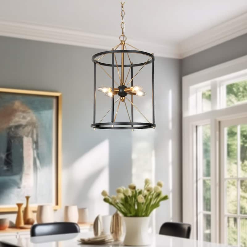 Leno Modern Classic 4-Light Black Gold Chandelier Birdcage-Shaped Fixture Starburst Pendant Lights for Dining Room