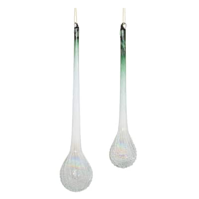 Pearl Finish Ribbed Icicle Drop Glass Christmas Ornaments - 12" - Green and White - 12ct