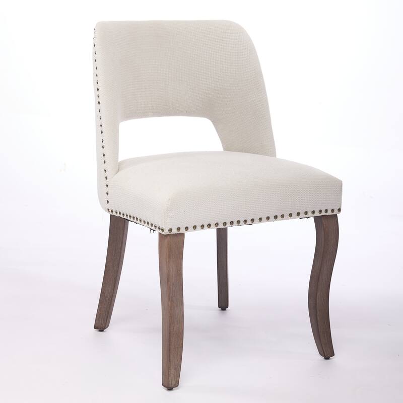 Modern Fabric Upholstered Dining Chairs Set of 2, Farmhouse Wooden Dining Room Chairs with Curved Backrest, Rivet Trim