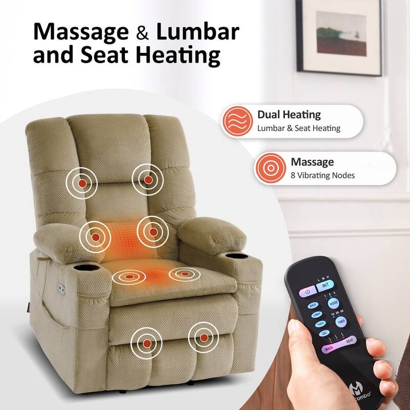 MCombo Large Dual Motor Power Lift Recliner Chair with Massage and Dual Heating for Big and Tall Elderly People, Fabric 7634