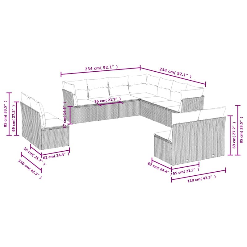 vidaXL 11/12 Piece Patio Sofa Set with Cushions Black/Brown/Gray Poly Rattan - 21.7 x 24.4 x 27.2