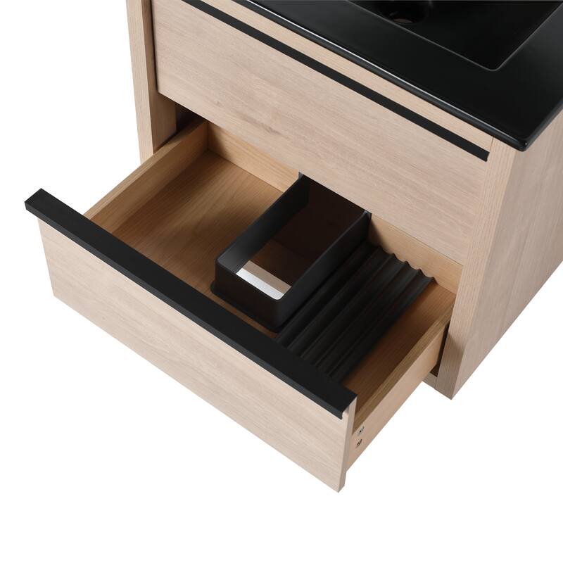 Wall-Mounted Plywood Bathroom Vanity Set in Plain Light Oak with Integrated Sink
