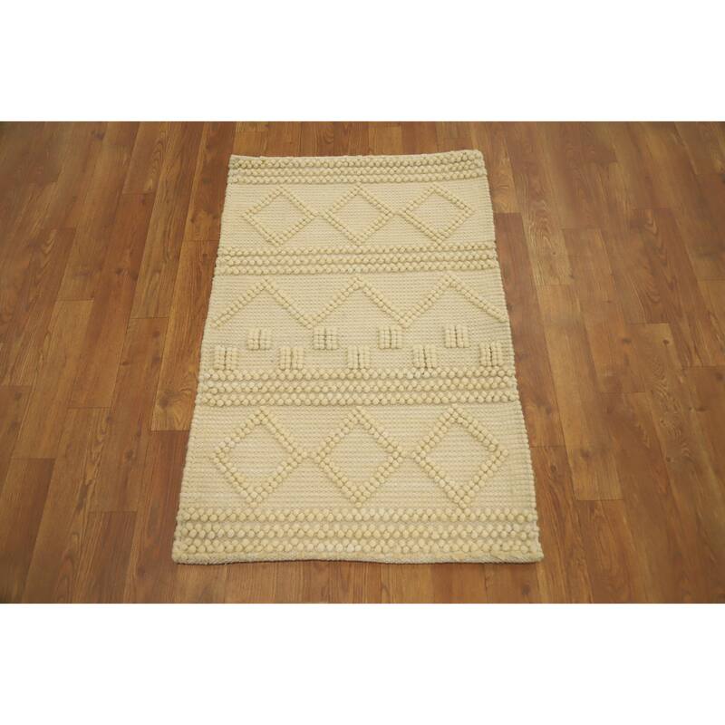 Hand Knotted Oriental 100% Wool Carpet Modern Geometric Beige & Ivories Modern Gotti Design Area Rug - 3' 0'' X 2' 0''