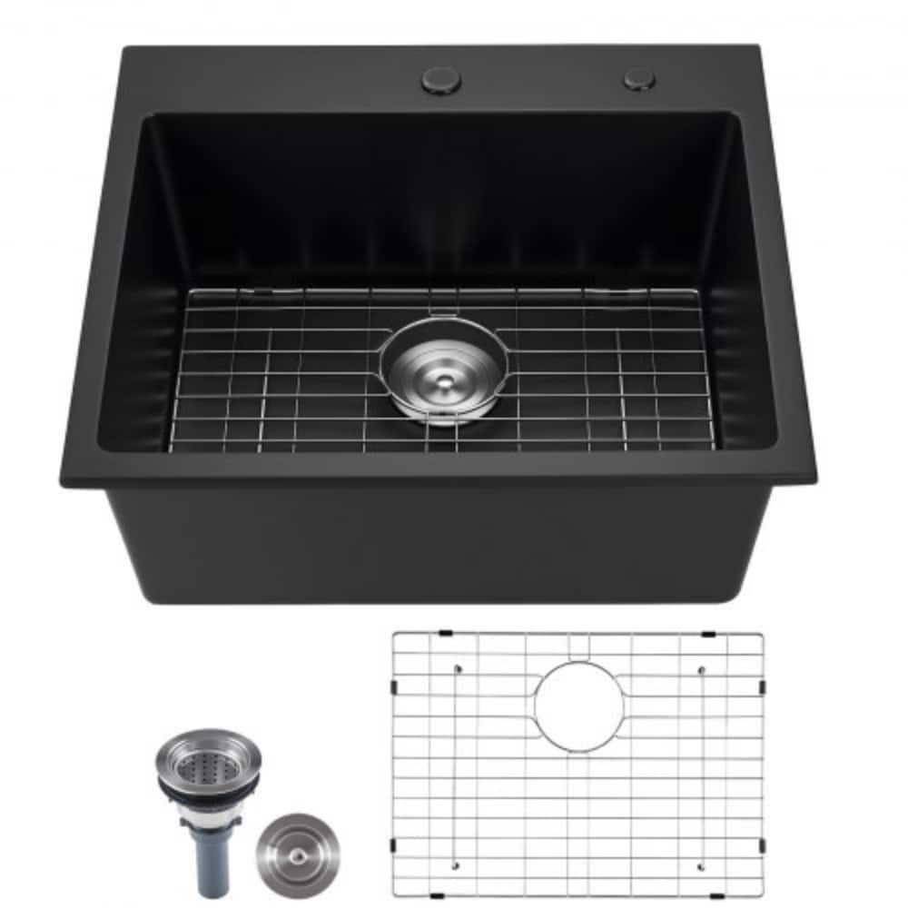 Single Bowl Black Granite Quartz Resin Sink Top Mount with Drain Grid and Accessories