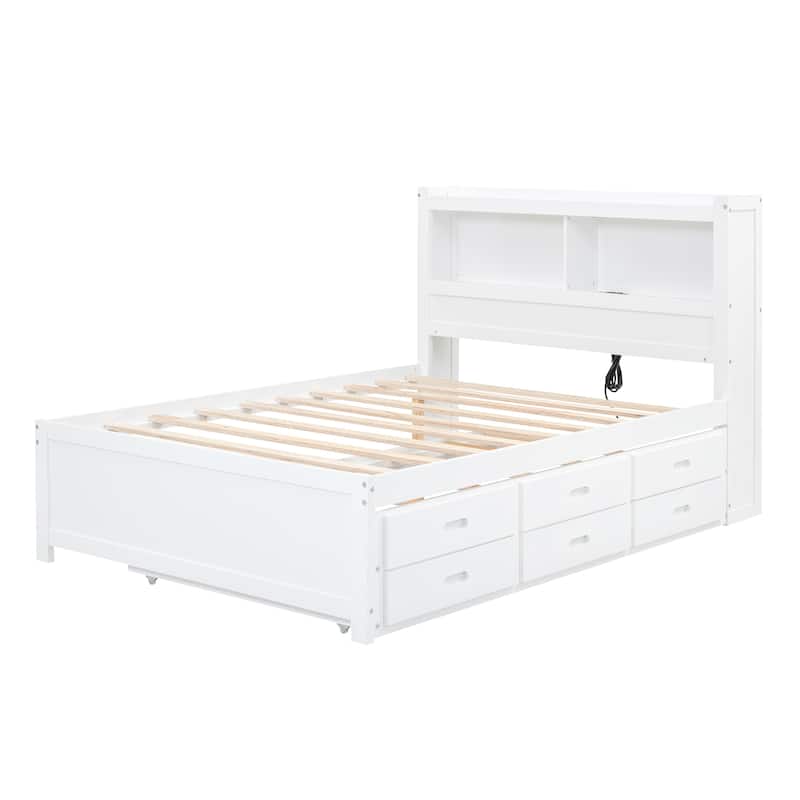 Full Size Platform Bed with Trundle, Drawers, USB Plugs, and Storage Shelves, White