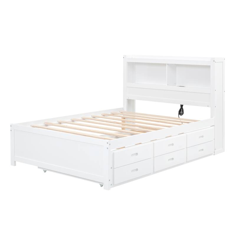 Full Size Platform Bed with Trundle, Storage Drawers and USB Plugs, Wood Trundle Bed Frame with Storage Headboard for Bedroom