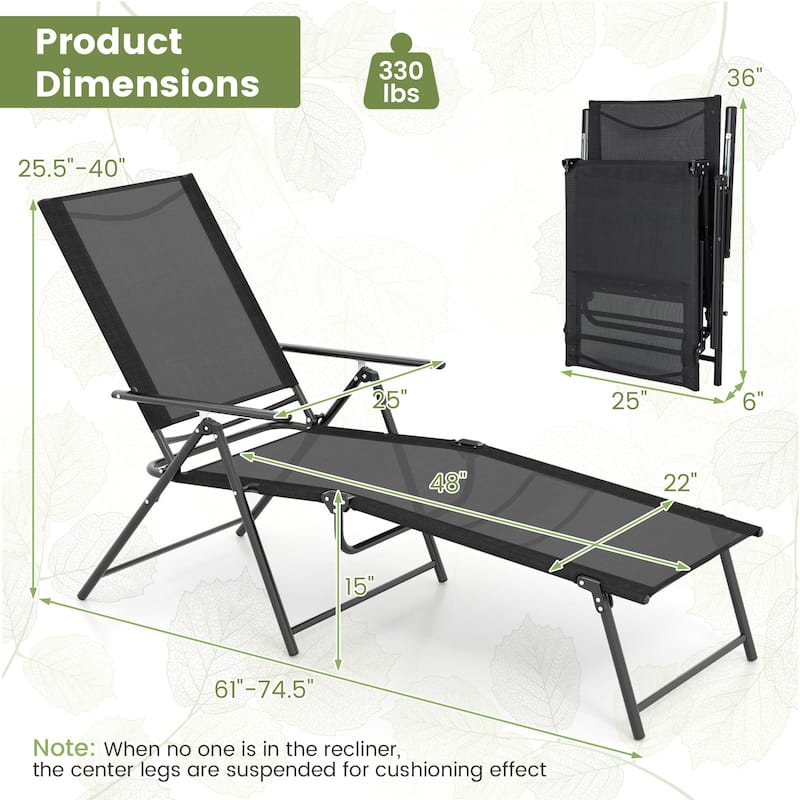Gymax 2PCS Folding Chaise Lounge Chairs w/ 6-Level Backrest Reclining