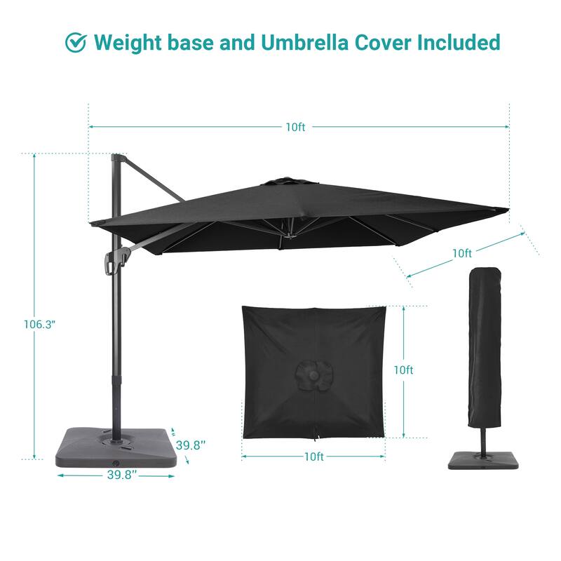 BONOSUKI 10x10FT Cantilever Patio Umbrella Infinite Angle Adjustment w/Base