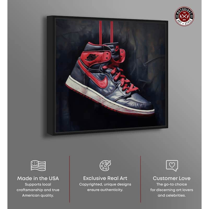 Notoriart Black And Red Hanging Sneaker Framed Sneaker 1 Piece Canvas Wall Art