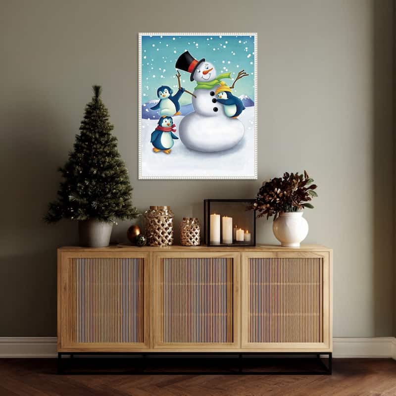 Joyful Snowman by Josefina (23 x 28 in.), Framed Canvas Wall Art Print - Sylvie Beaded White