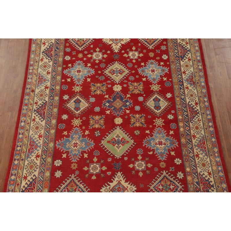 Red Geometric Kazak Area Rug Hand-Knotted Bedroom Wool Carpet - 6'2" x 10'2"