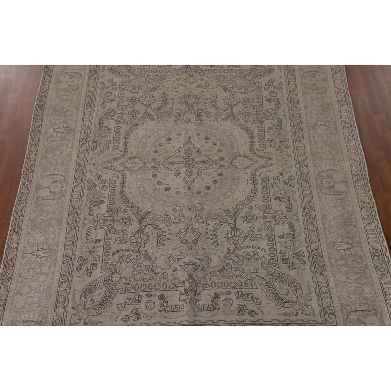 Distressed Tabriz Persian Vintage Rug Hand-Knotted Beige Wool Carpet - 8'0"x 10'7"