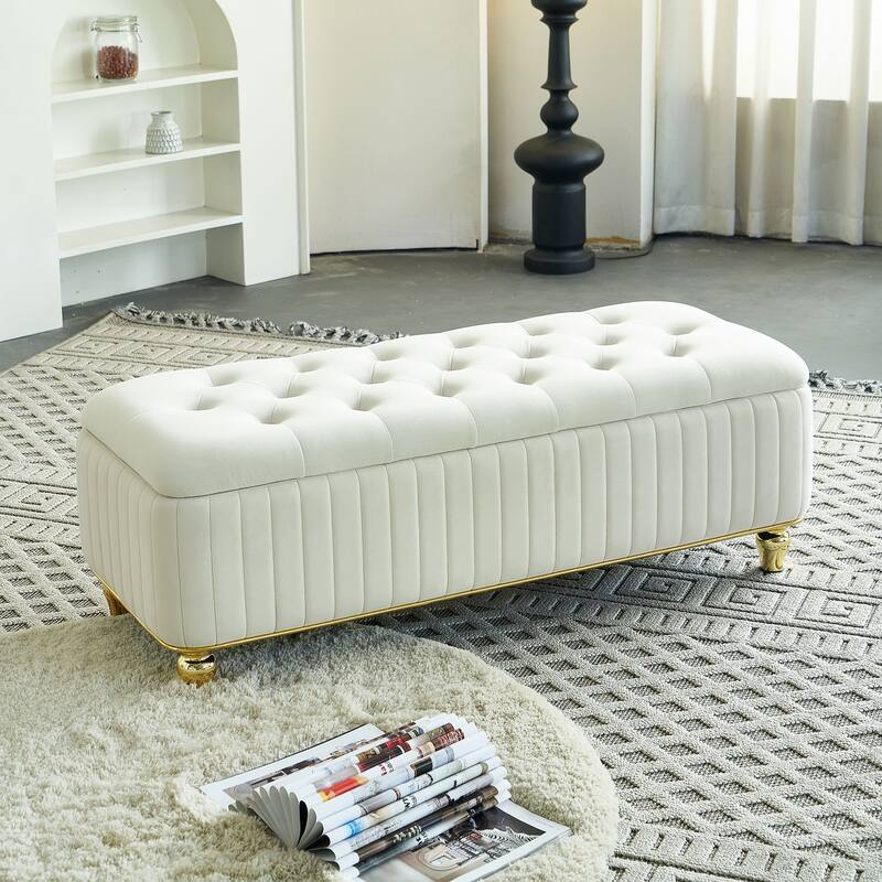 Beige Storage Bench Ottoman Bench with Safety Hinge, Footstool End of Bed Bench Vanity Bench Lounge Bench