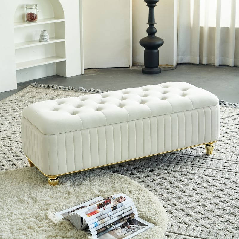 Velvet Fabric Storage Ottoman, Upholstered Button Tufted Storage Bench, End of Bed Bench with Safety Hinge & Metal Legs