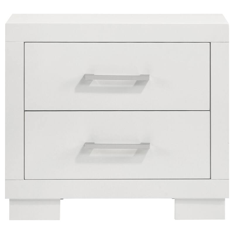 Sleek White 2-Drawer Wooden Nightstand with Silver Handles and Ample Storage for Modern Bedrooms