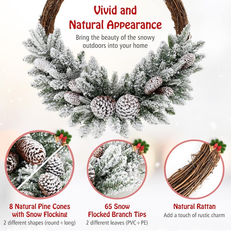 24" Pre-Lit Snow Flocked Christmas Wreath with LED Lights and Pine Cones - Dia 24"