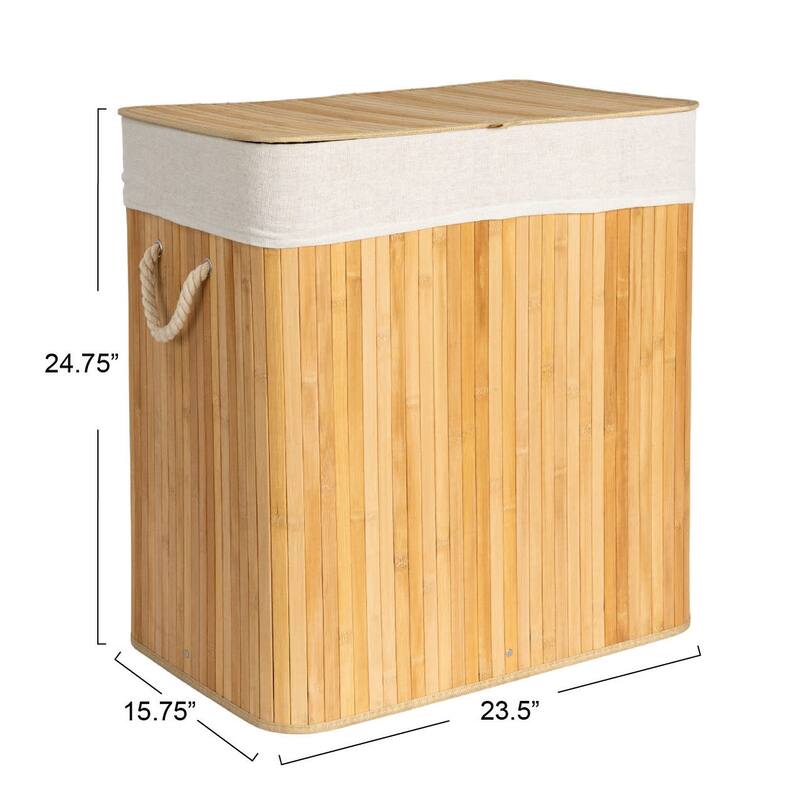 Household Essentials Bamboo Double Laundry Hamper with Rope Handles and Removable Laundry Bag