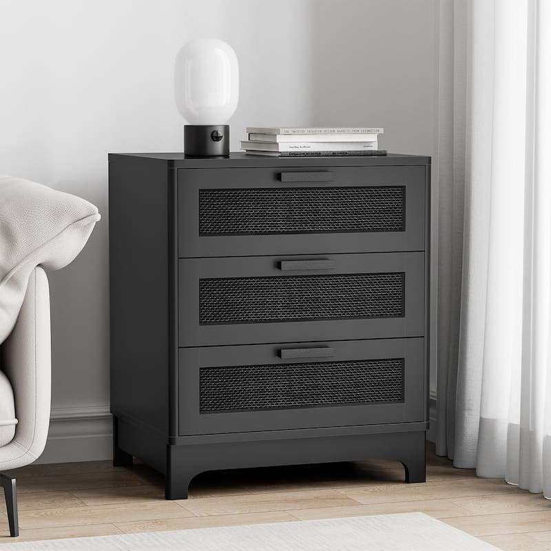 Anmytek Modern Black Wood Rattan Nightstand Bedside Table Side Table with 3 Drawers for Bedroom