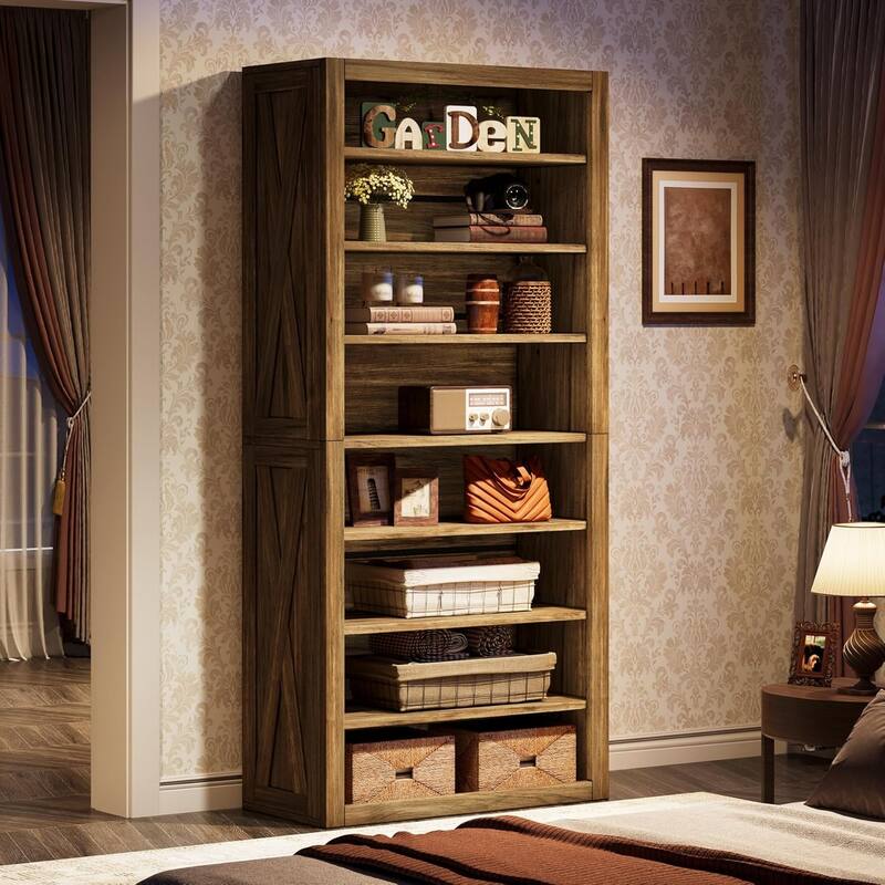 70.59 Inches Brown Wood Bookshelf with Adjustable Shelves, 8-Tier Large Bookcase for Living Room