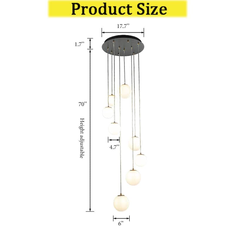 CraftHome 8-Light Modern White Opal Glass Staircase Chandelier Globe Bubble Glass Pendant In Matte Black For Entryway - W18''