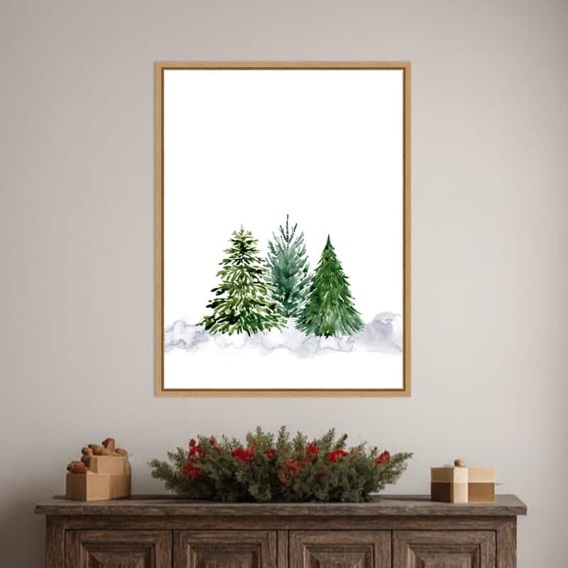 Three watercolor pine trees by Rosana Laiz Blursbyai Framed Canvas Wall Art Print