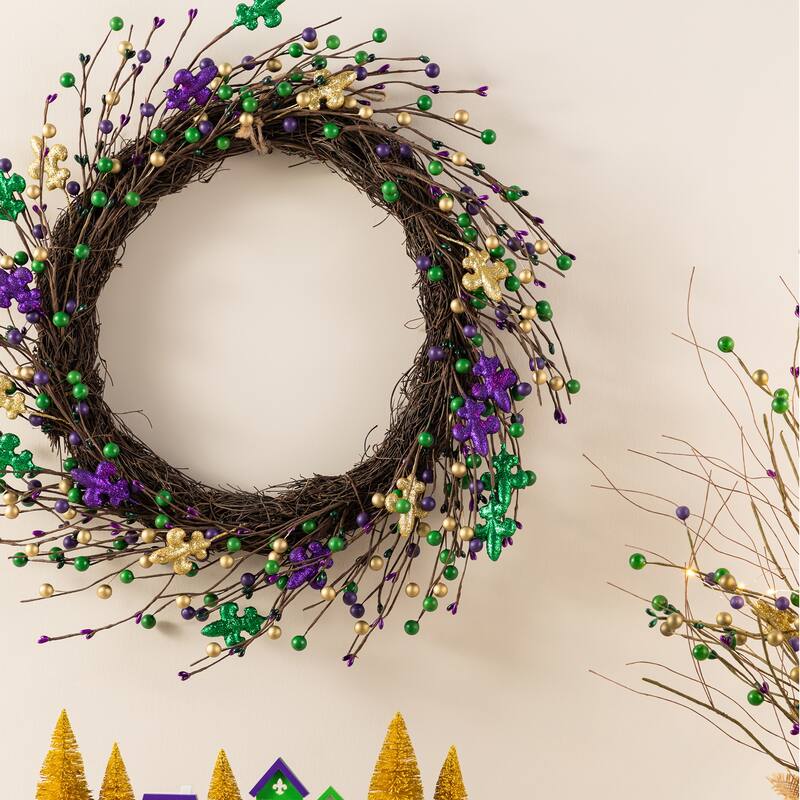 Glitzhome 20"D Mardi Gras Berry & Fleur-de-Lis Artificial Wreath