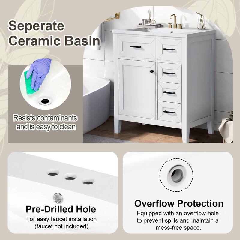 30" Bathroom Vanity with Ceramic Sink Combo,Solid Frame and MDF Board