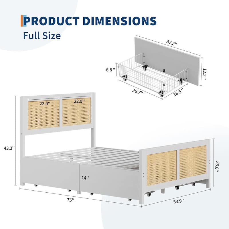 Rattan Bed Frame with Headboard, with 4 Drawers
