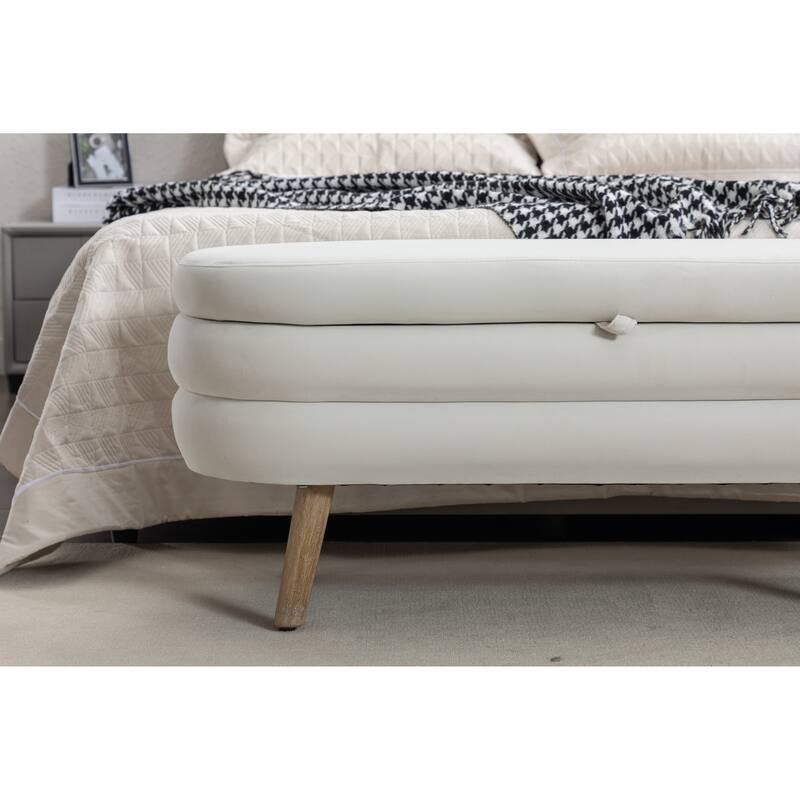 Velvet Fabric Storage Bench Bedroom Bench With Wood Legs For Living Room Bedroom - Ivory