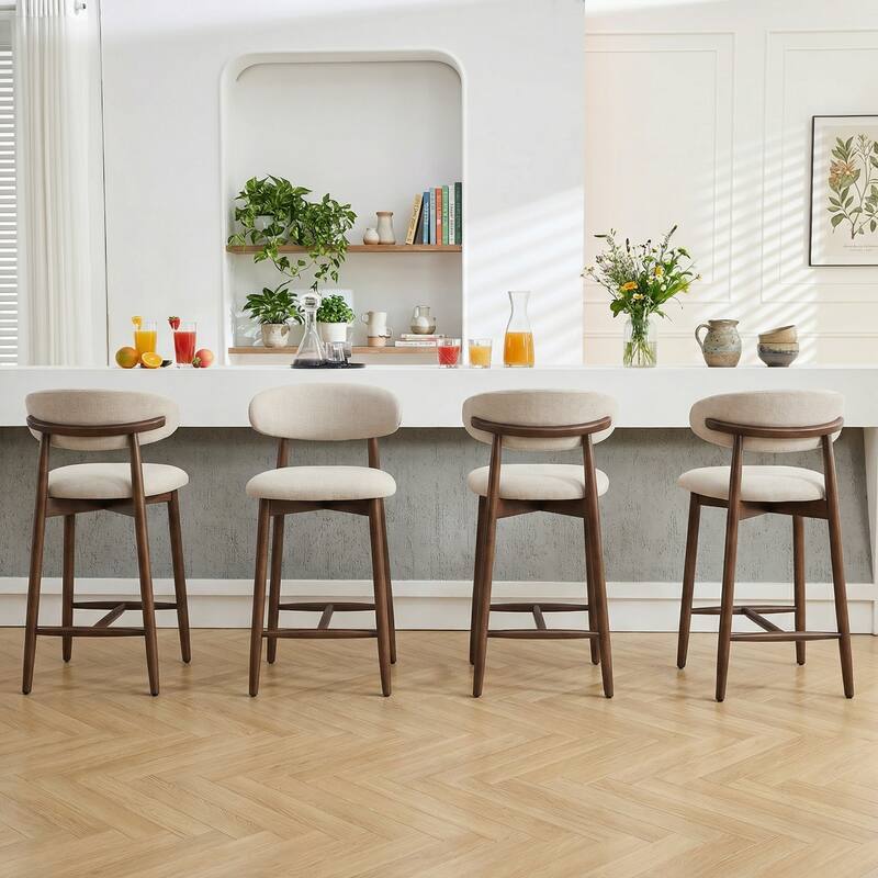 Mid-Century Modern Upholstered Bar Stools Counter Height Wooden Bar Chairs with Backrest Footrest - Beige - Set of 4