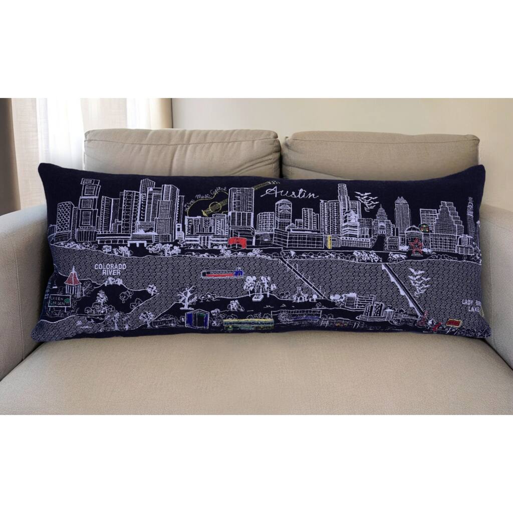 HomeRoots 35" Black Austin Nighttime Skyline Lumbar Decorative Pillow