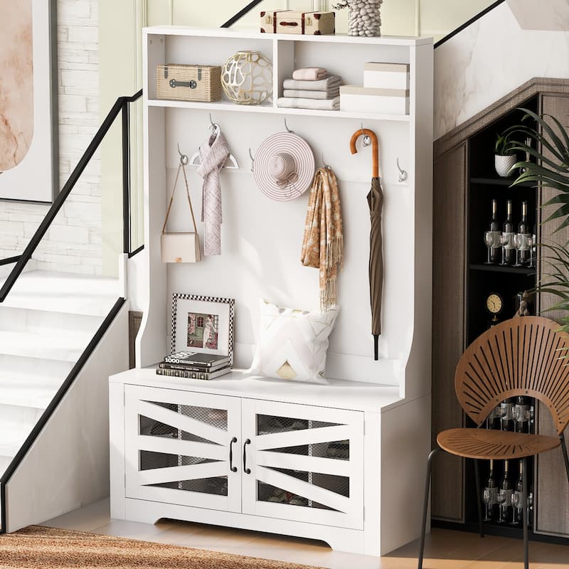 43.3" 3-in-1 Wood Coat Rack with Adjustable Shelves and 7 Hooks - White